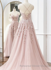 Pink Tulle With Lace Straps Long Party Dress, Pink Tulle Semi Formal Prom Dress Evening Dress
